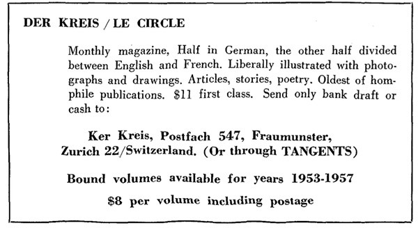Der Kreis advert, from Tangents magazine, Dec. 1965, p. 18.